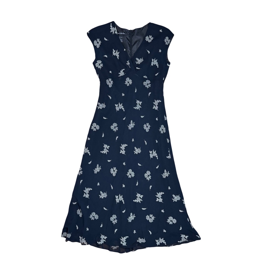 Vintage Jones New York Black Tan Floral Midi Dress V-Neck A-Line Size 4